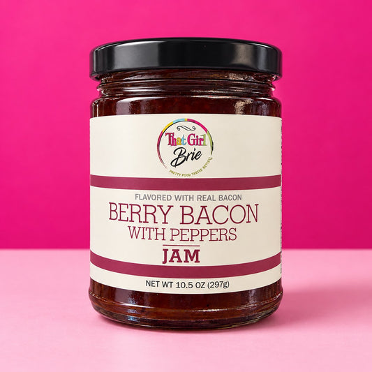 Berry Bacon with Peppers jam jar on a hot pink background
