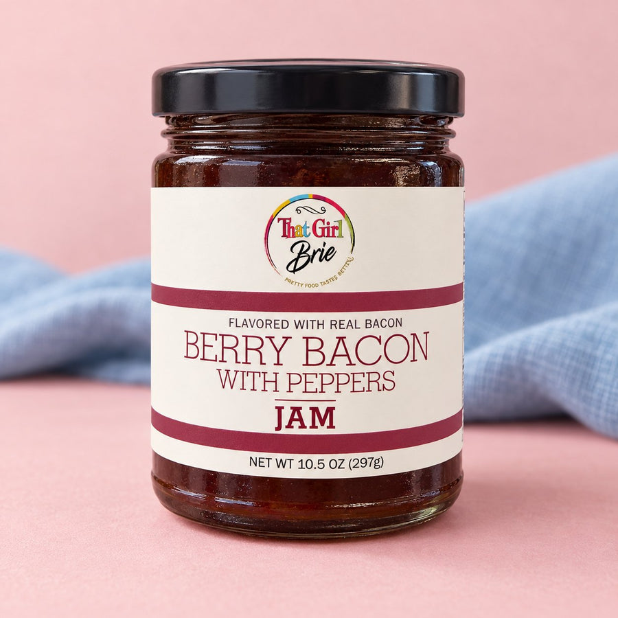 Bacon berry jam flavored with real bacon, with a blue linen napkin