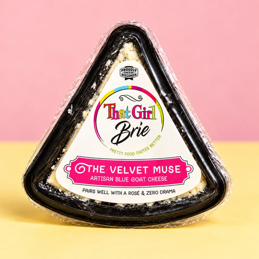 The Velvet Muse blue goat cheese in That Girl Brie packaging