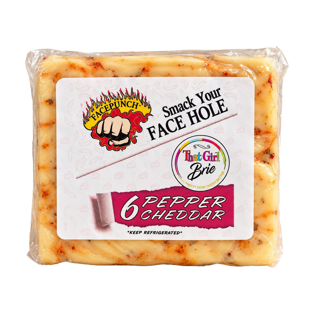 6 Pepper Cheddar Wisconsin hot pepper cheese on a white background