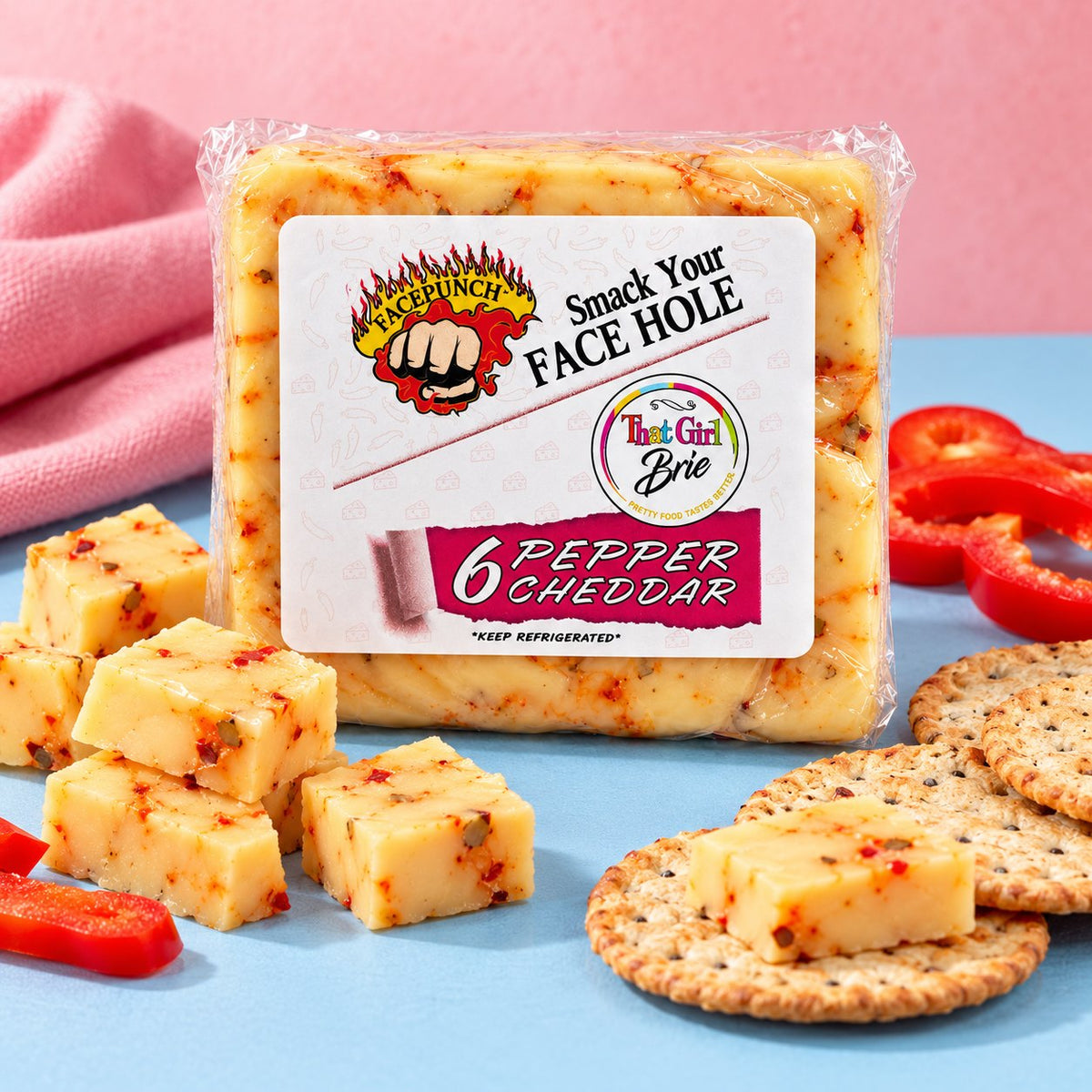 6 Pepper Cheddar hot pepper cheese with fresh peppers and crackers