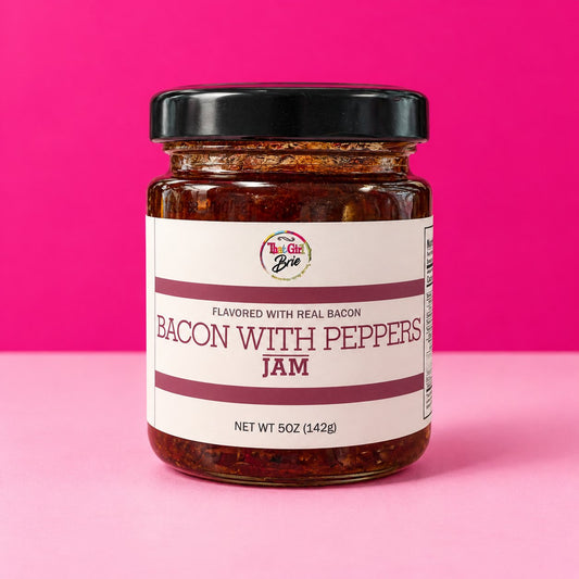 Bacon with Peppers jam jar on a hot pink background