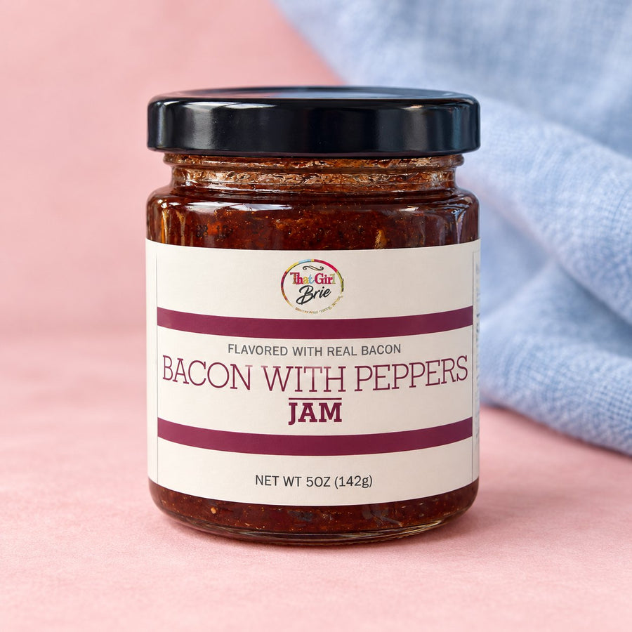 Bacon pepper jam flavored with real bacon, in a small jar with a blue linen napkin