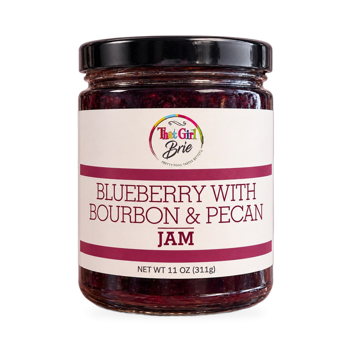 Blueberry with Bourbon & Pecan blueberry bourbon jam, 11 oz jar on a white background
