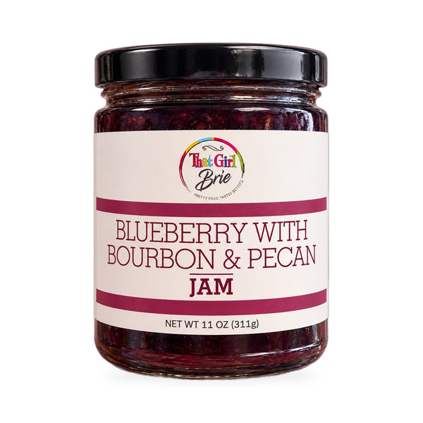 Blueberry with Bourbon & Pecan blueberry bourbon jam, 11 oz jar on a white background