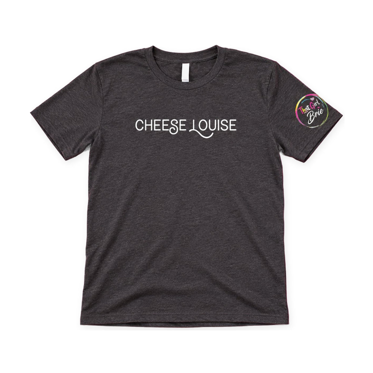Cheese Louise t-shirt in charcoal on a white background