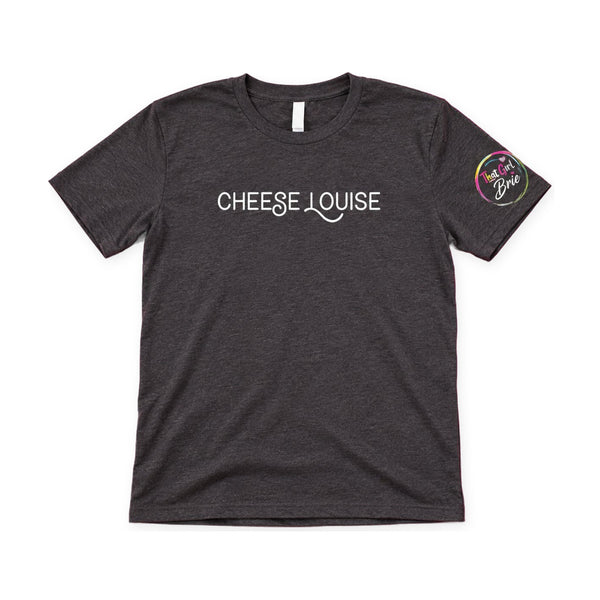 Cheese Louise t-shirt in charcoal on a white background
