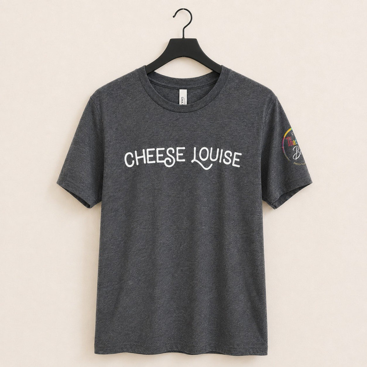 Cheese Louise t-shirt in heather gray with That Girl Brie sleeve logo