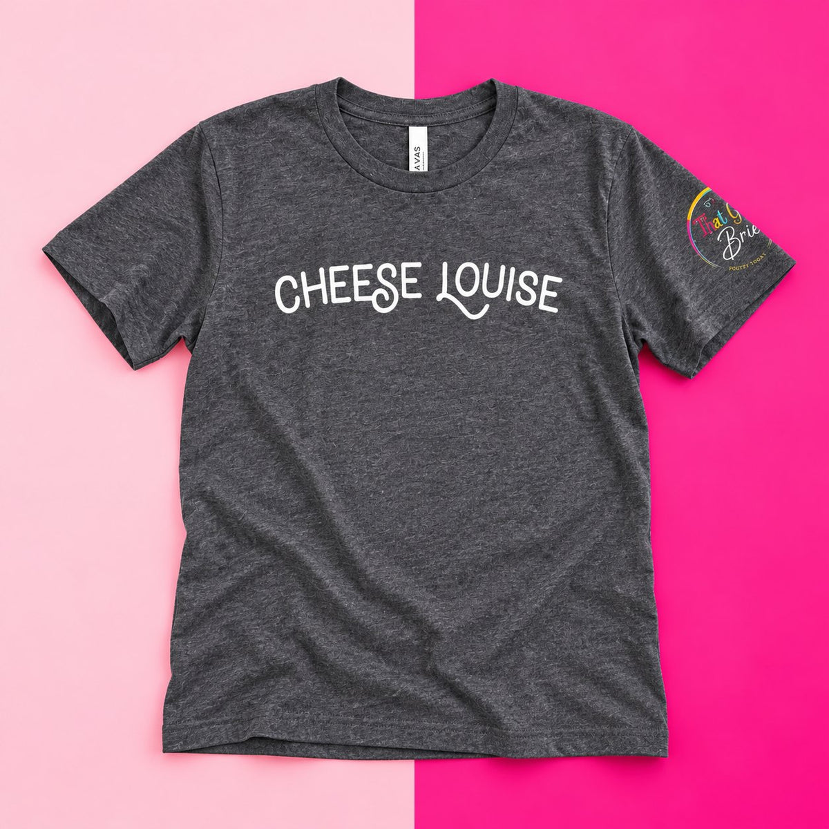 Cheese Louise t-shirt on a pink background
