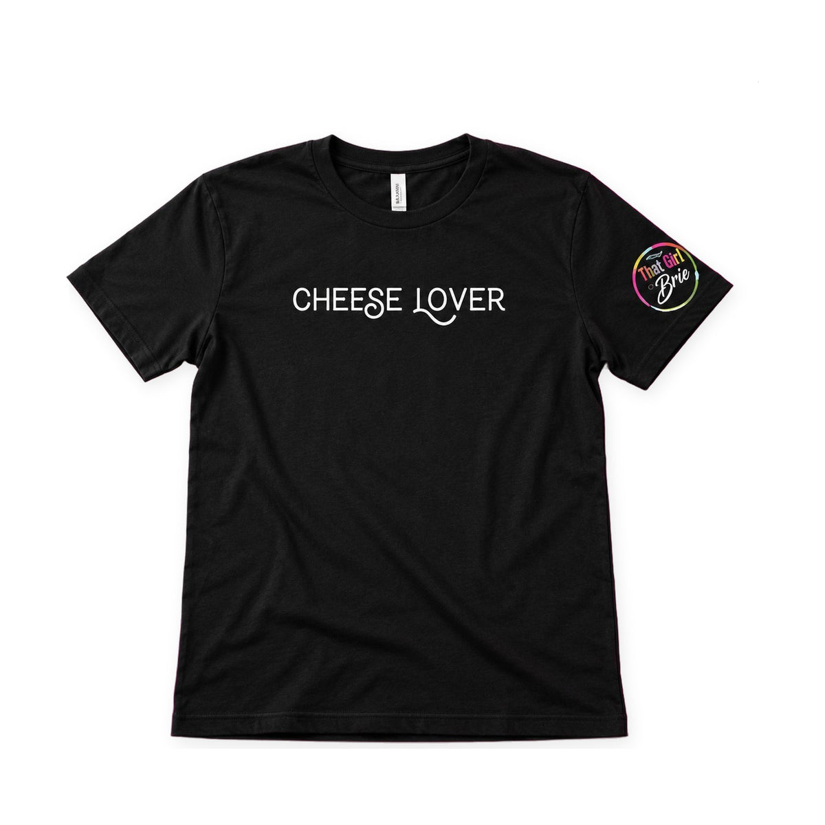 Cheese Lover t-shirt in black on a white background