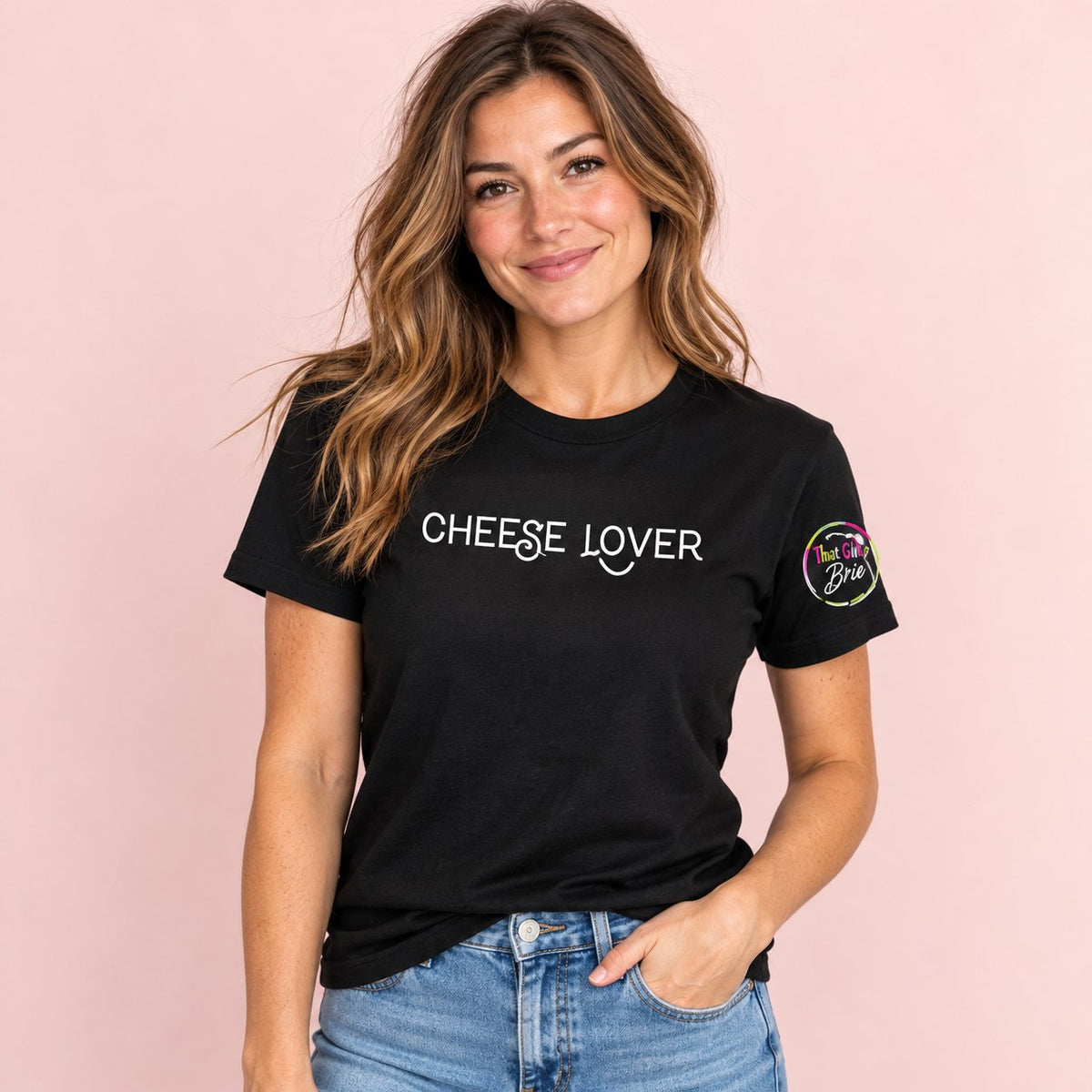 Woman wearing the black Cheese Lover t-shirt