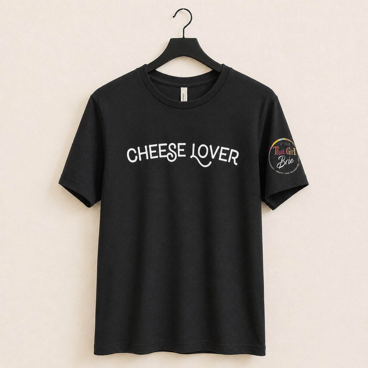 Cheese Lover t-shirt in black with That Girl Brie sleeve logo