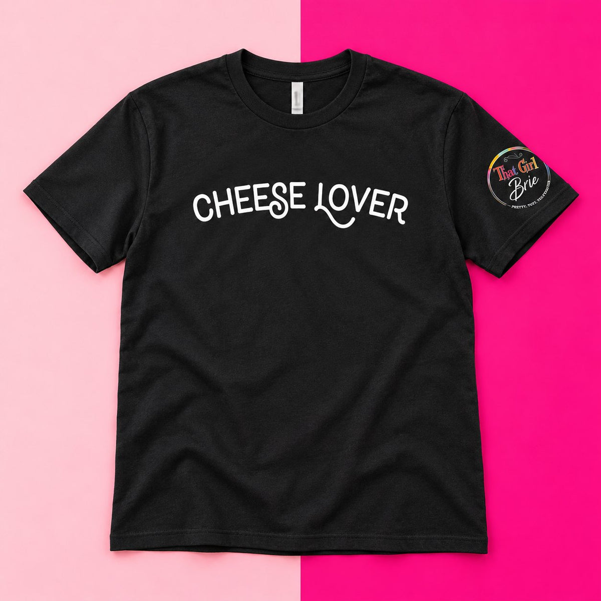Cheese Lover t-shirt on a pink background