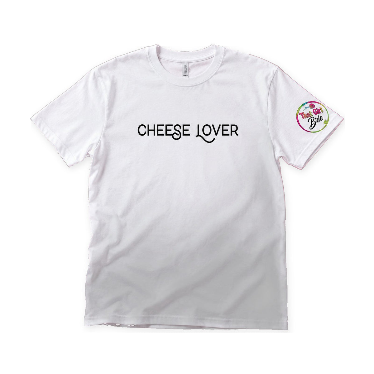 Cheese Lover t-shirt in white on a white background