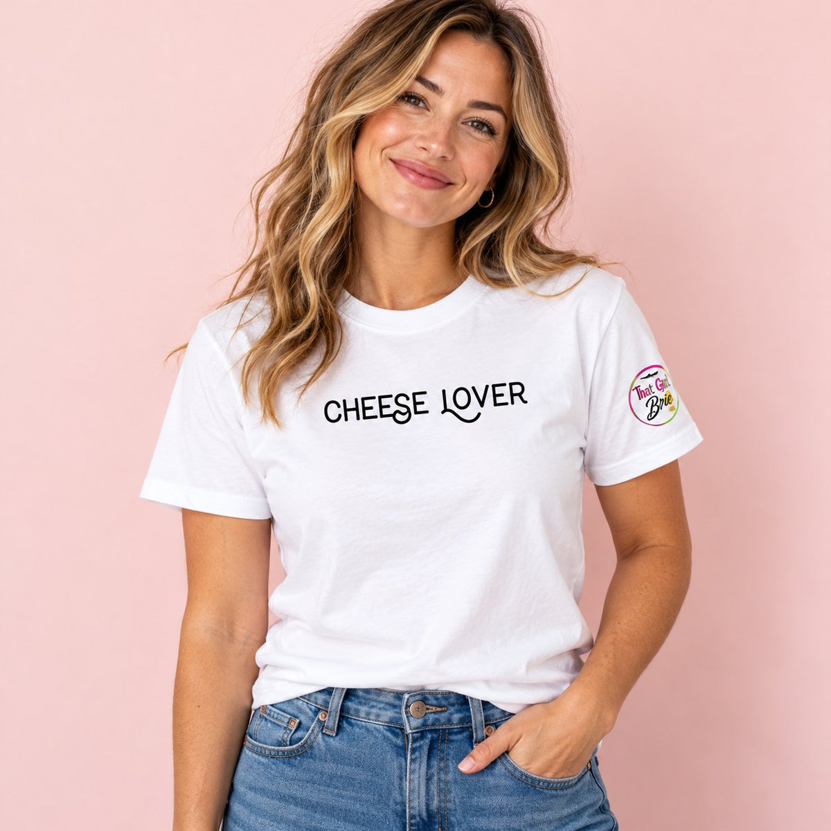 Woman wearing the white Cheese Lover t-shirt