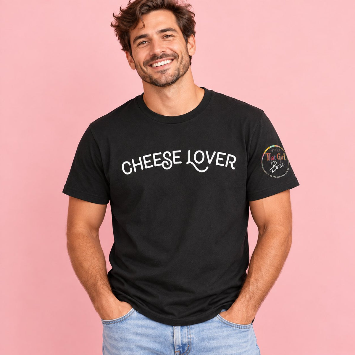 Smiling man in the Cheese Lover t-shirt