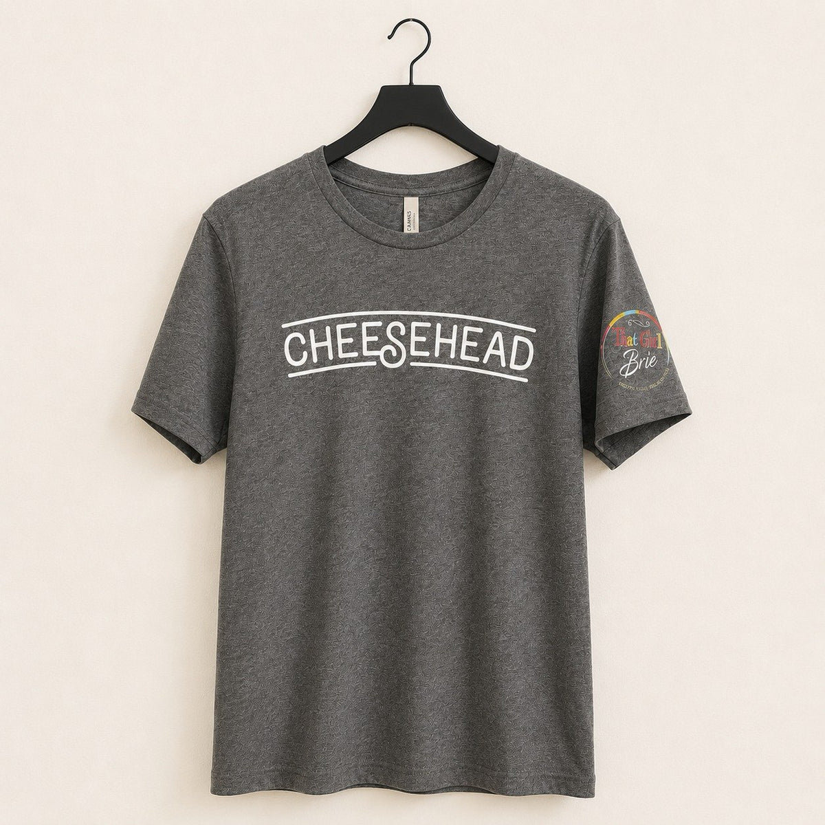 Cheesehead t-shirt in heather gray with That Girl Brie sleeve logo