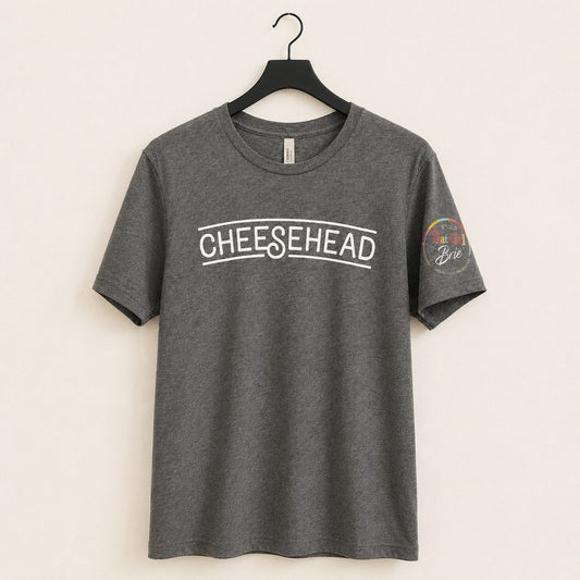 Cheesehead t-shirt in heather gray with That Girl Brie sleeve logo