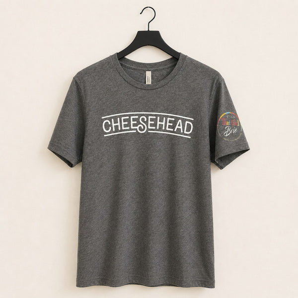 Cheesehead t-shirt in heather gray with That Girl Brie sleeve logo