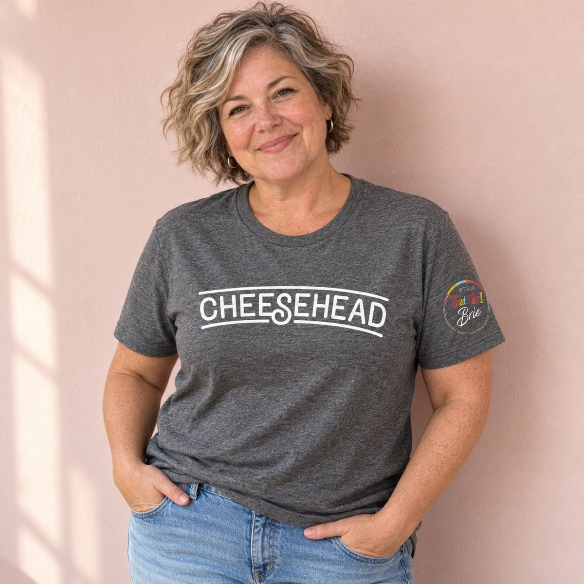 Woman wearing the Cheesehead t-shirt from That Girl Brie
