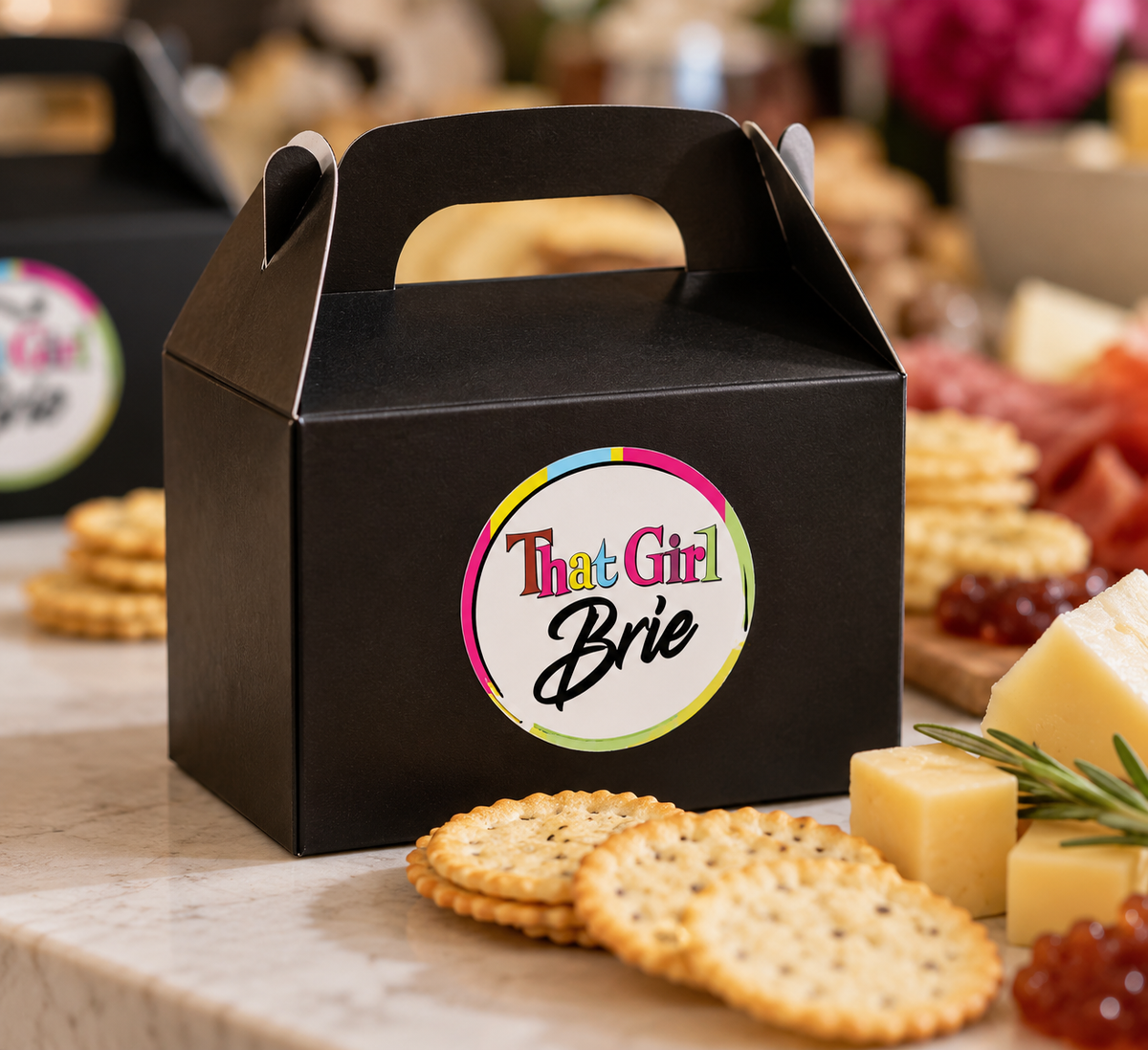 Cracker Companion artisan crackers in a black That Girl Brie gift box with cheese and jam