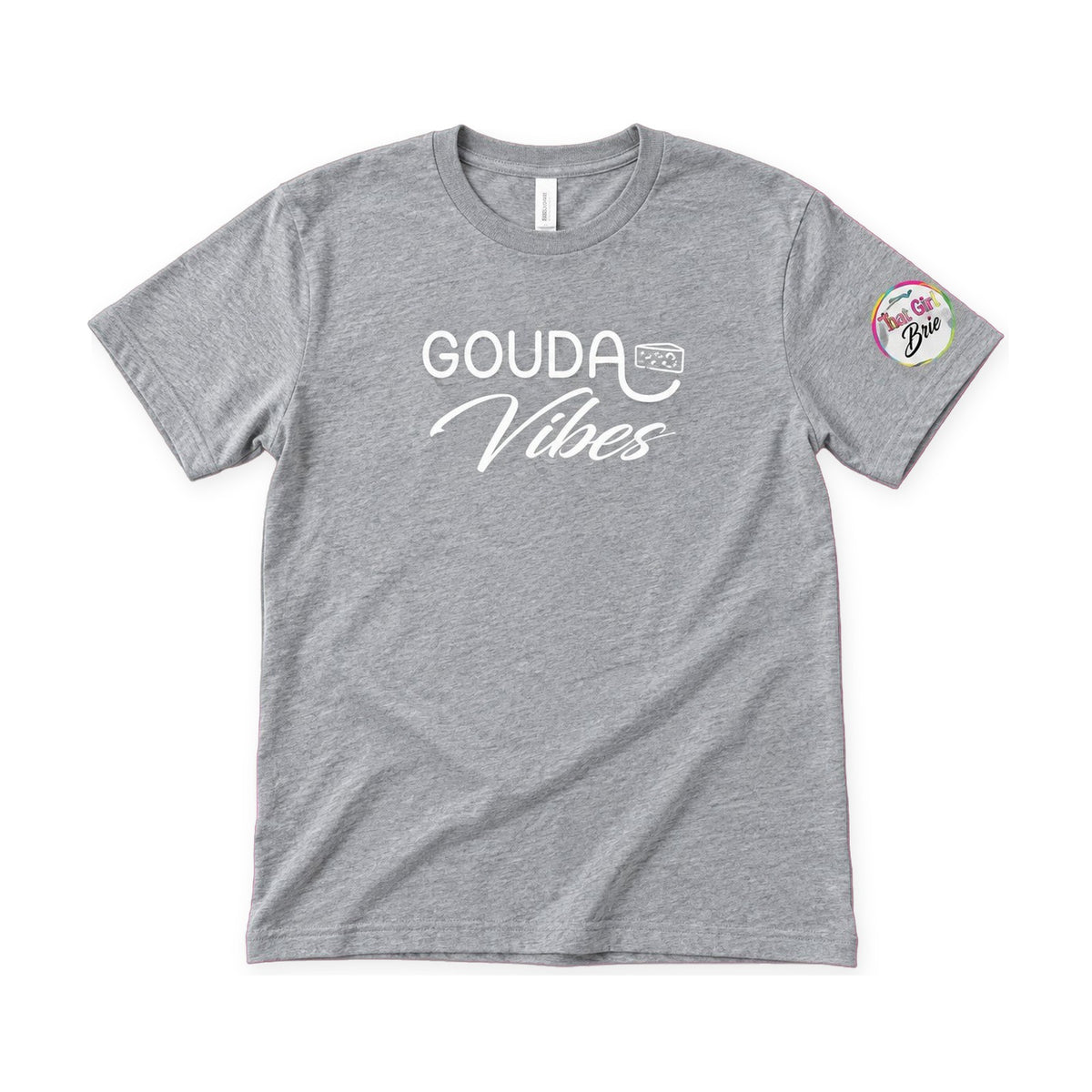 Gouda Vibes cheese t-shirt in heather grey on a white background