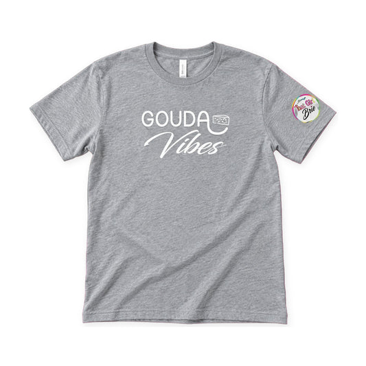 Gouda Vibes cheese t-shirt in heather grey on a white background