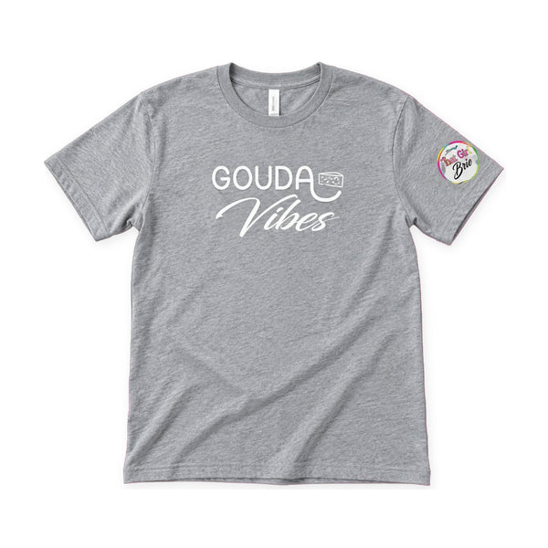 Gouda Vibes cheese t-shirt in heather grey on a white background
