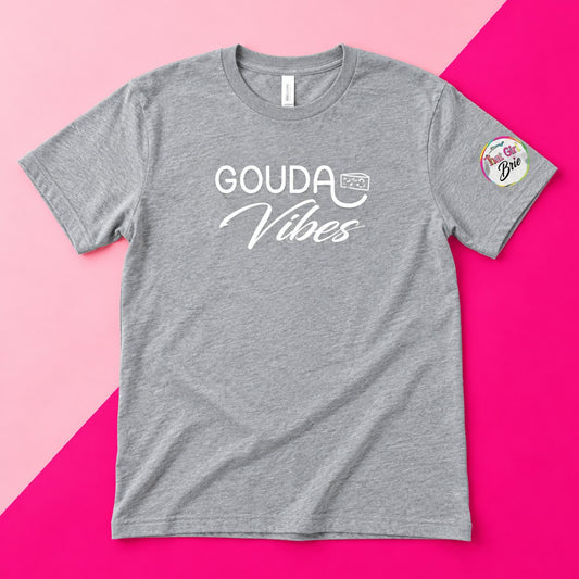 Gouda Vibes t-shirt in heather grey with That Girl Brie sleeve logo
