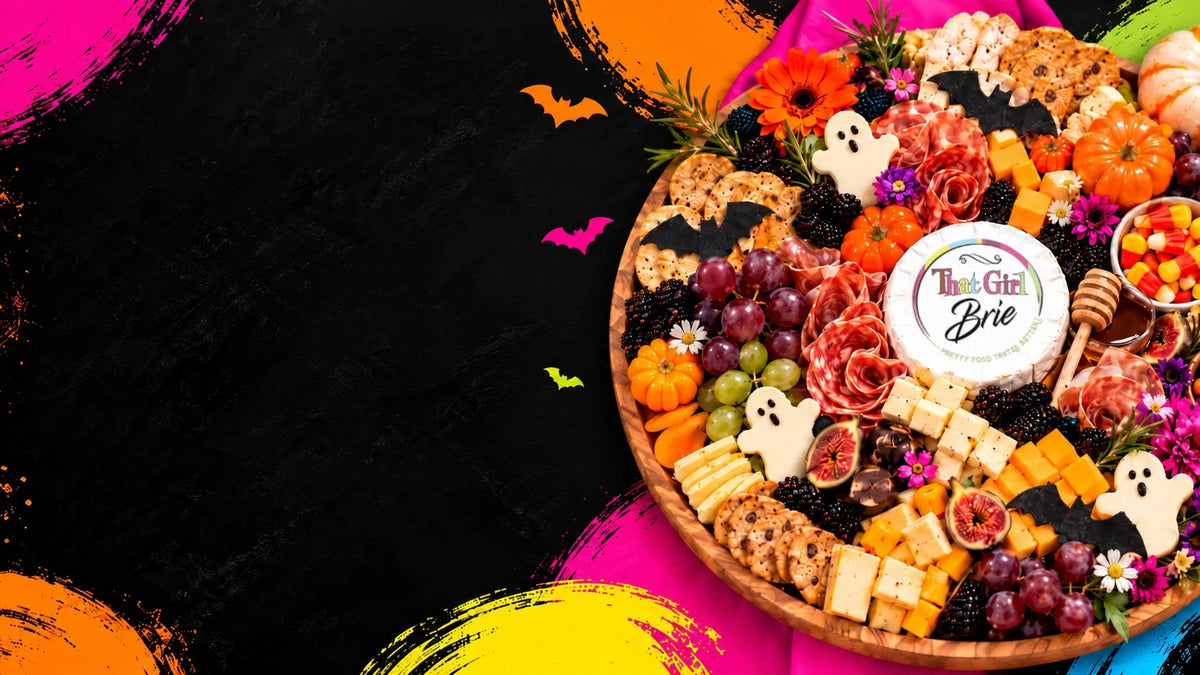 Halloween charcuterie board with a That Girl Brie brie wheel, ghosts, bats and pumpkins