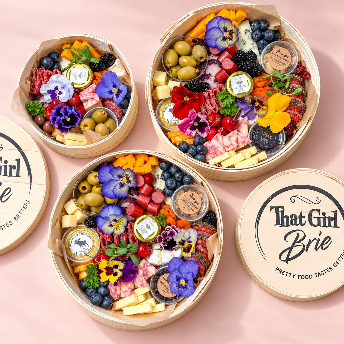 The Keepsake small charcuterie boards in all three sizes with edible flowers and That Girl Brie lids