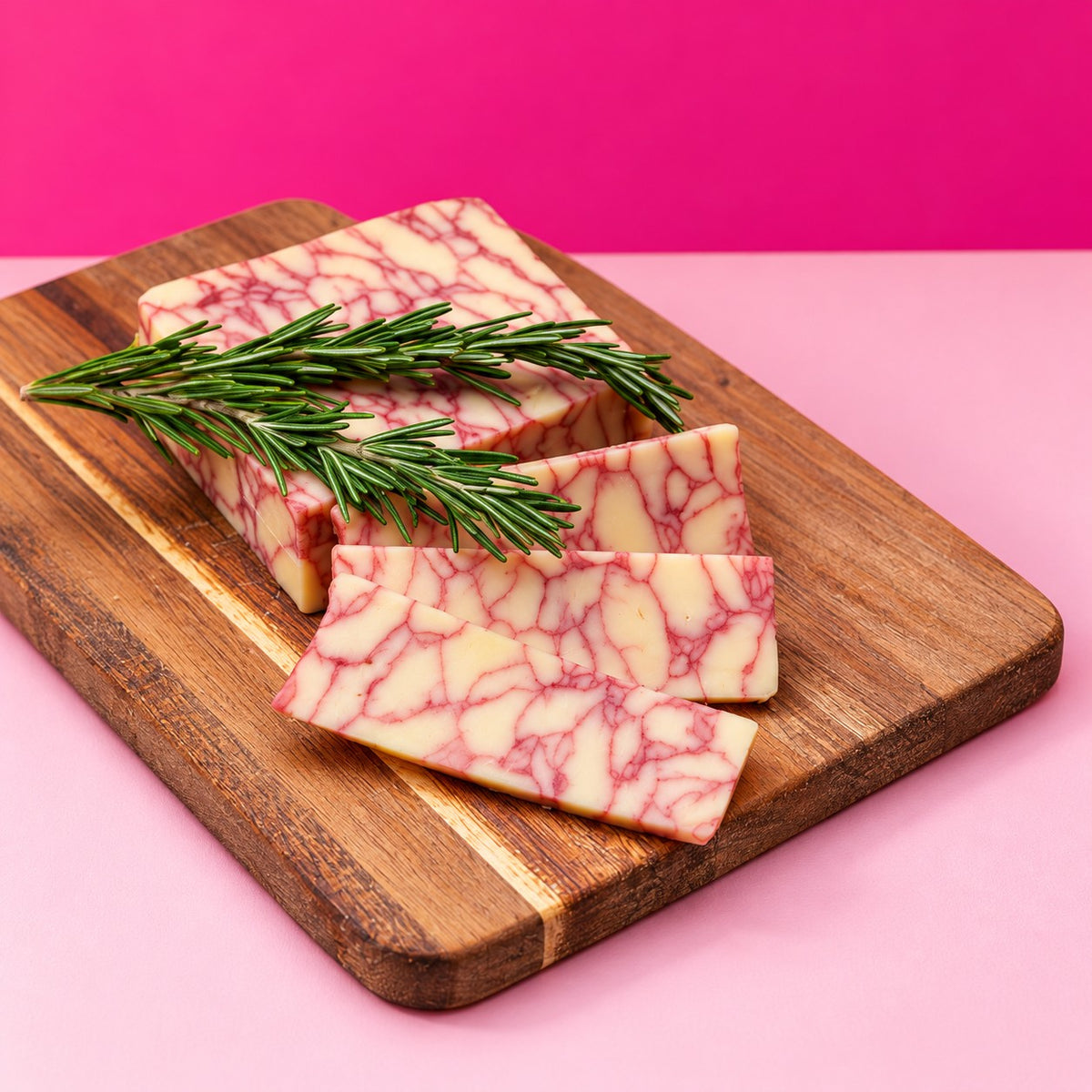 Merlot Cheddar wine cheese block and slices with rosemary on a hot pink background