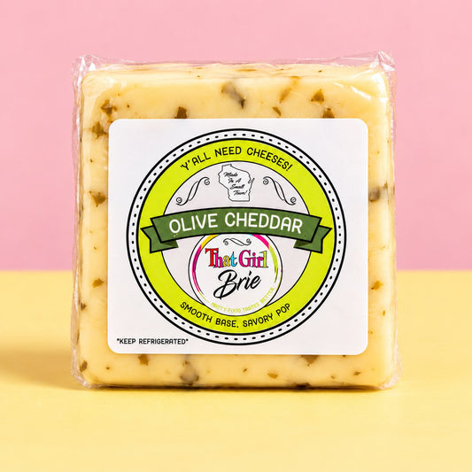 Olive Cheddar, cheddar with olives, in That Girl Brie packaging
