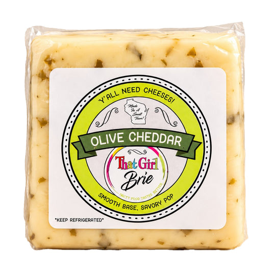 Olive Cheddar, Wisconsin cheddar with olives, on a white background