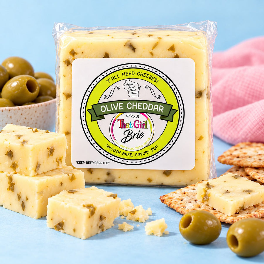 Olive Cheddar, cheddar with olives, served with green olives