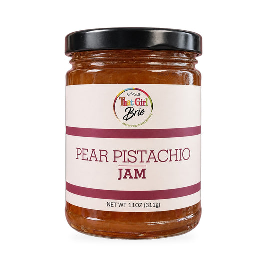 Pear Pistachio pear jam in a That Girl Brie jar on a white background