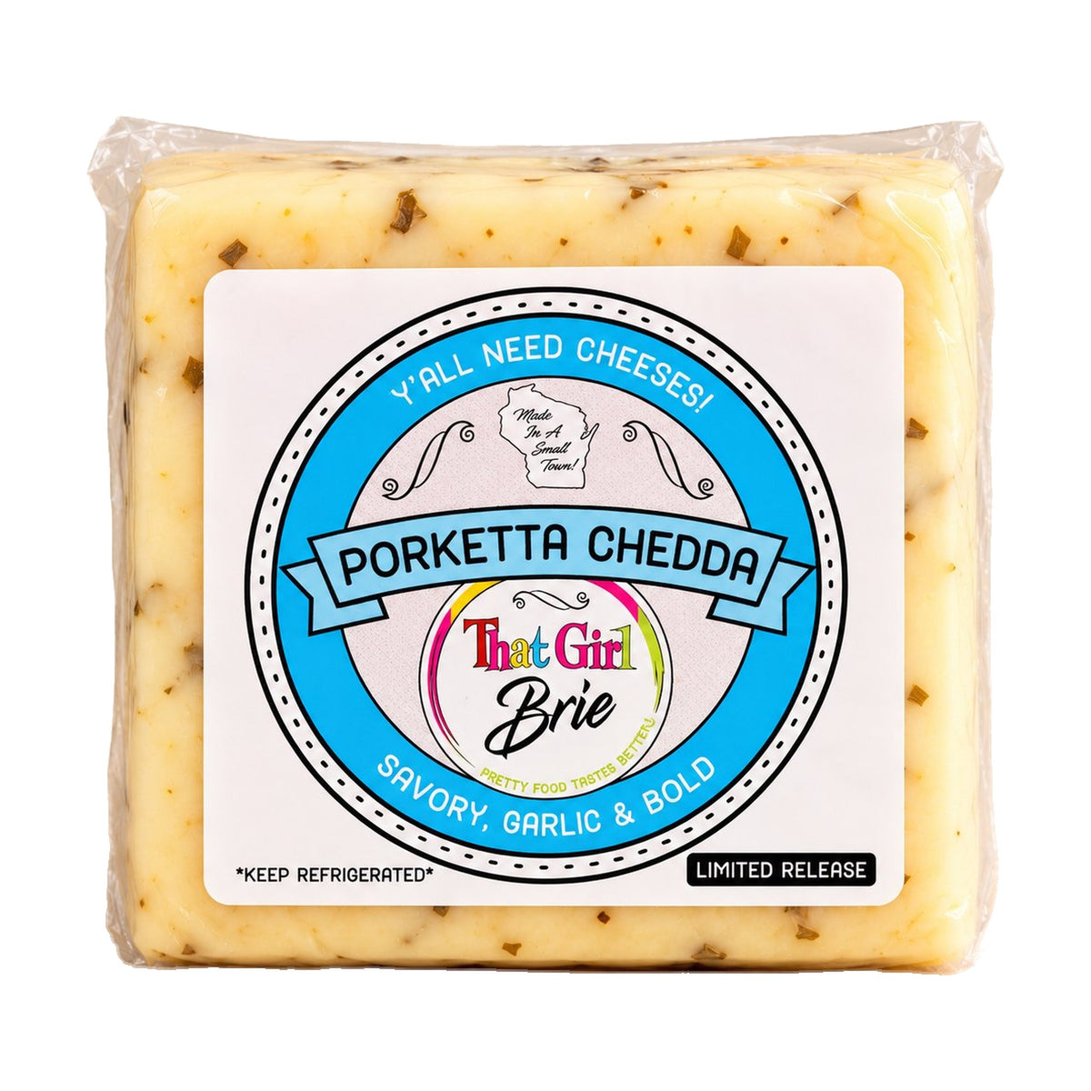 Porketta Chedda garlic cheddar cheese on a white background