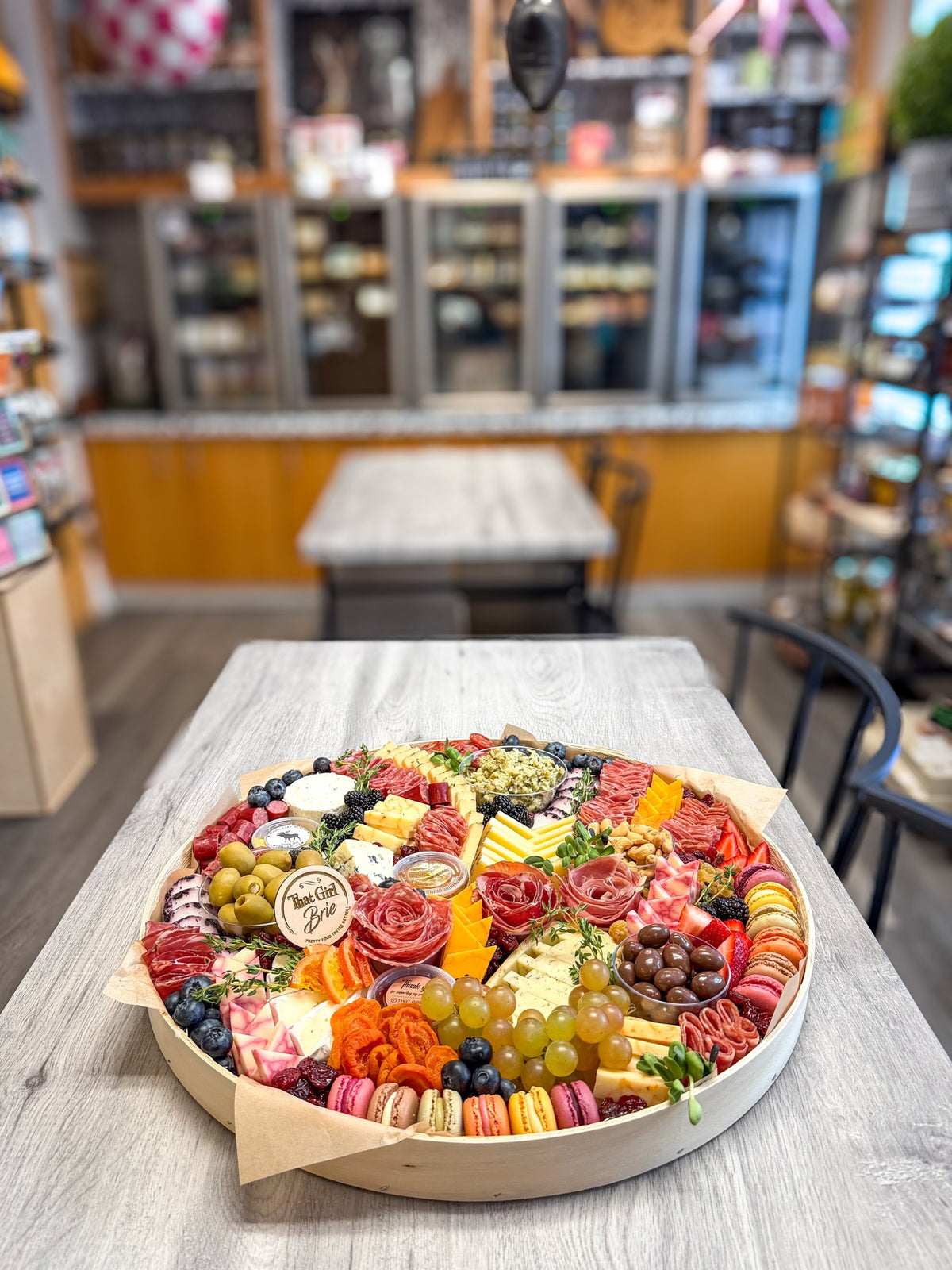 The Shindig 20 inch large charcuterie board with cheese, salami roses, fruit and macarons