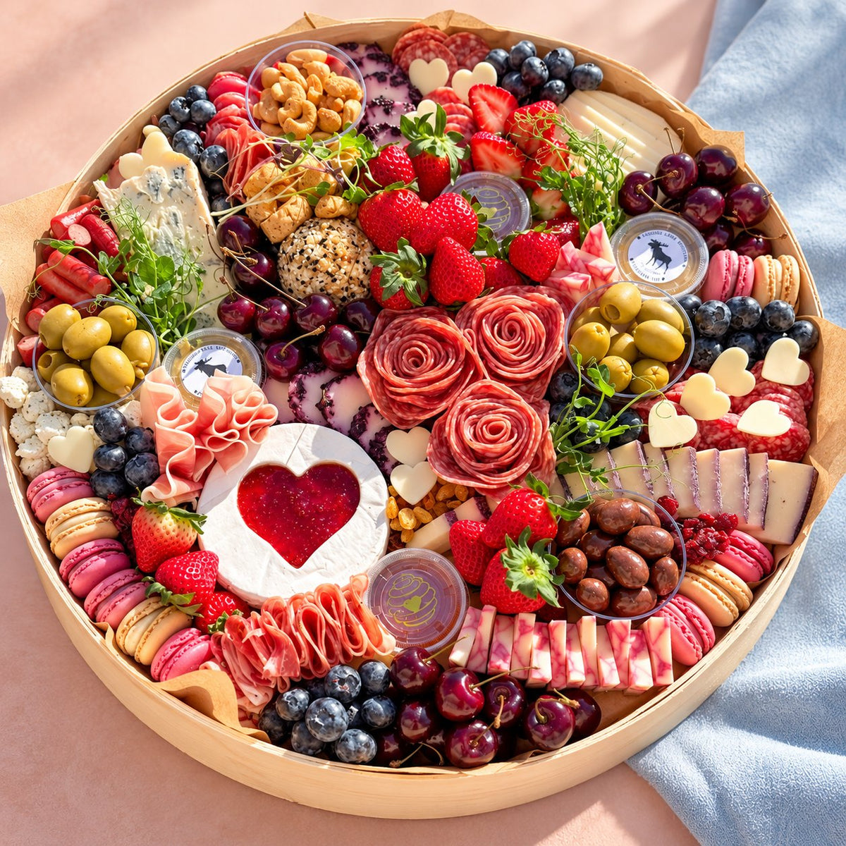 Large charcuterie board with heart brie, prosciutto, strawberries and salami roses