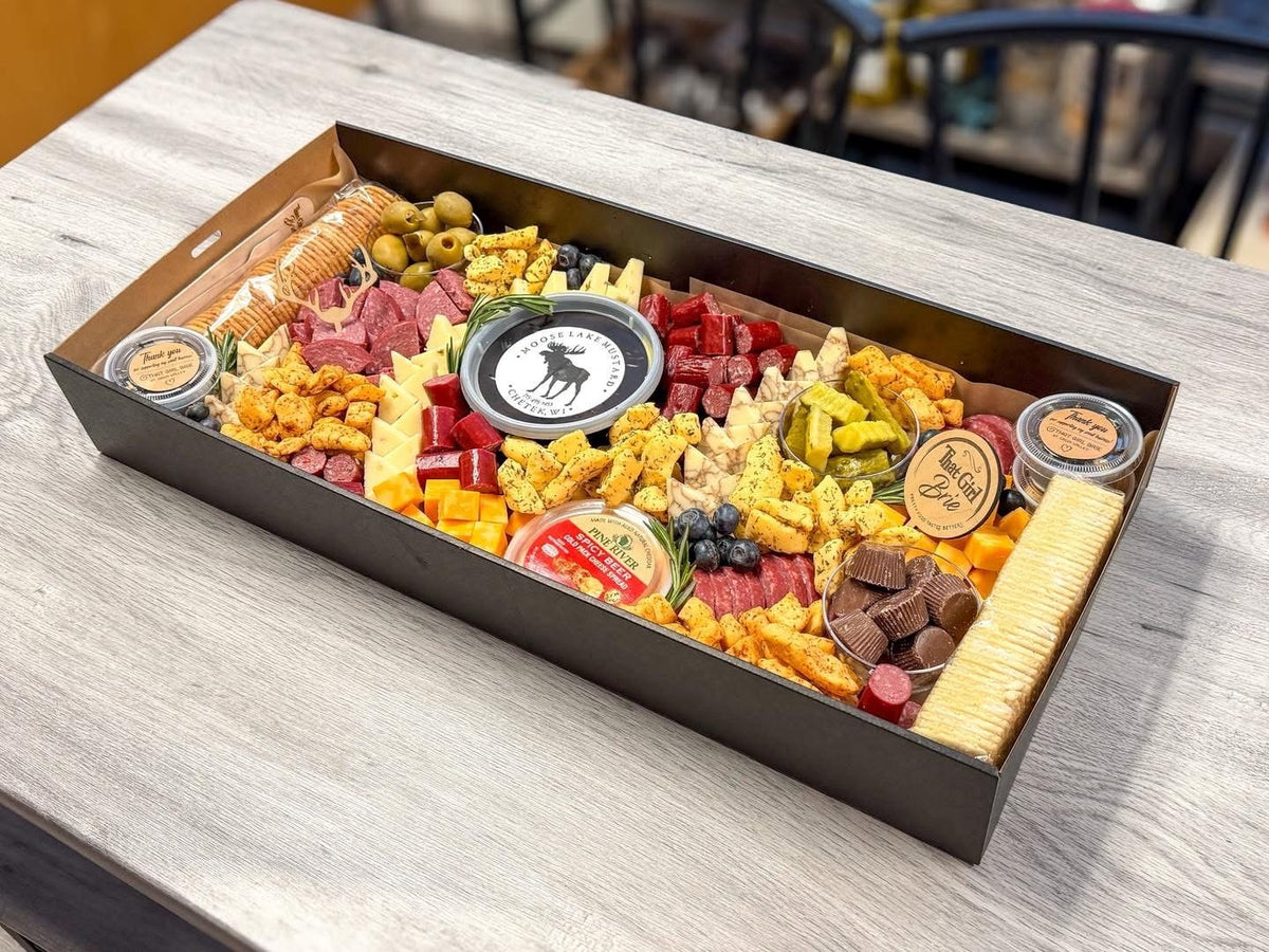 Northwoods cabin charcuterie box to go with Wisconsin cheese and meats