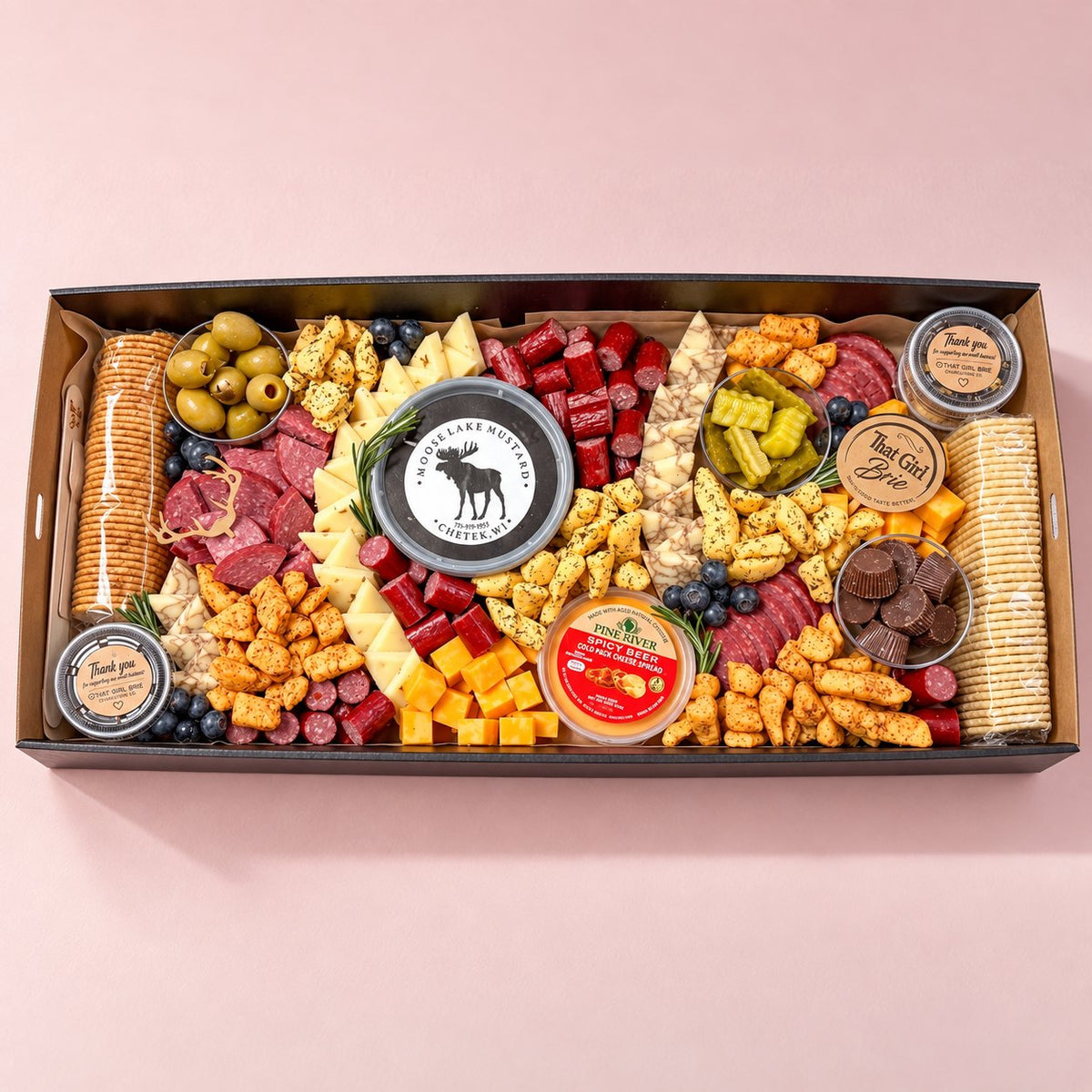 Northwoods TGB Box charcuterie to go with Pine River spicy beer cheese spread and crackers