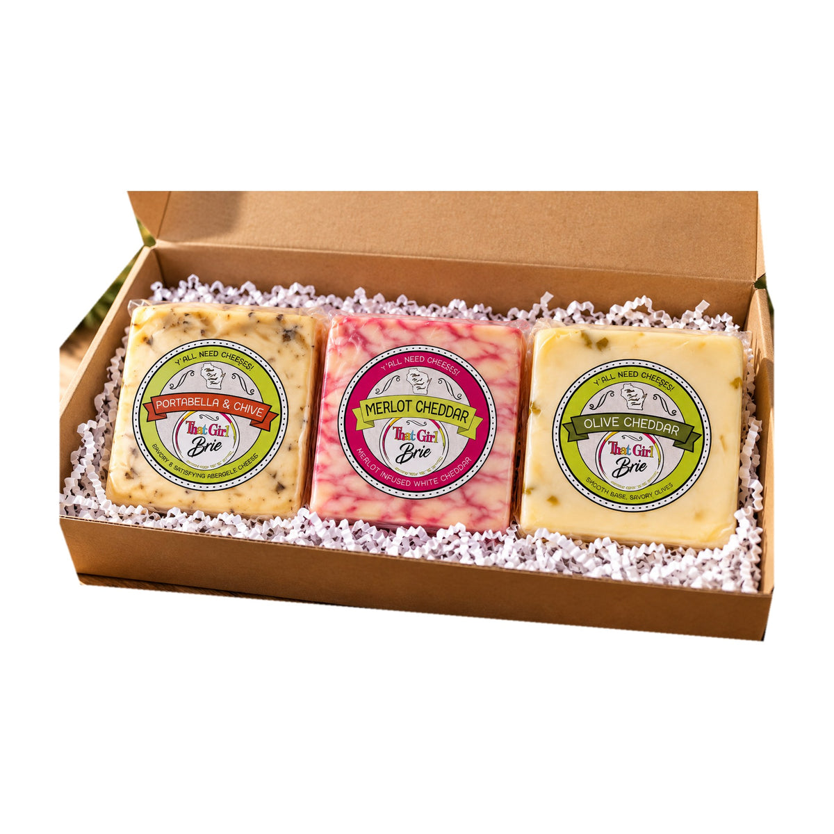 The TGB Trio cheese sampler gift box on a white background