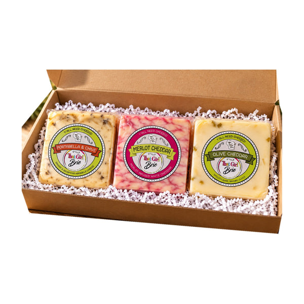 The TGB Trio cheese sampler gift box on a white background