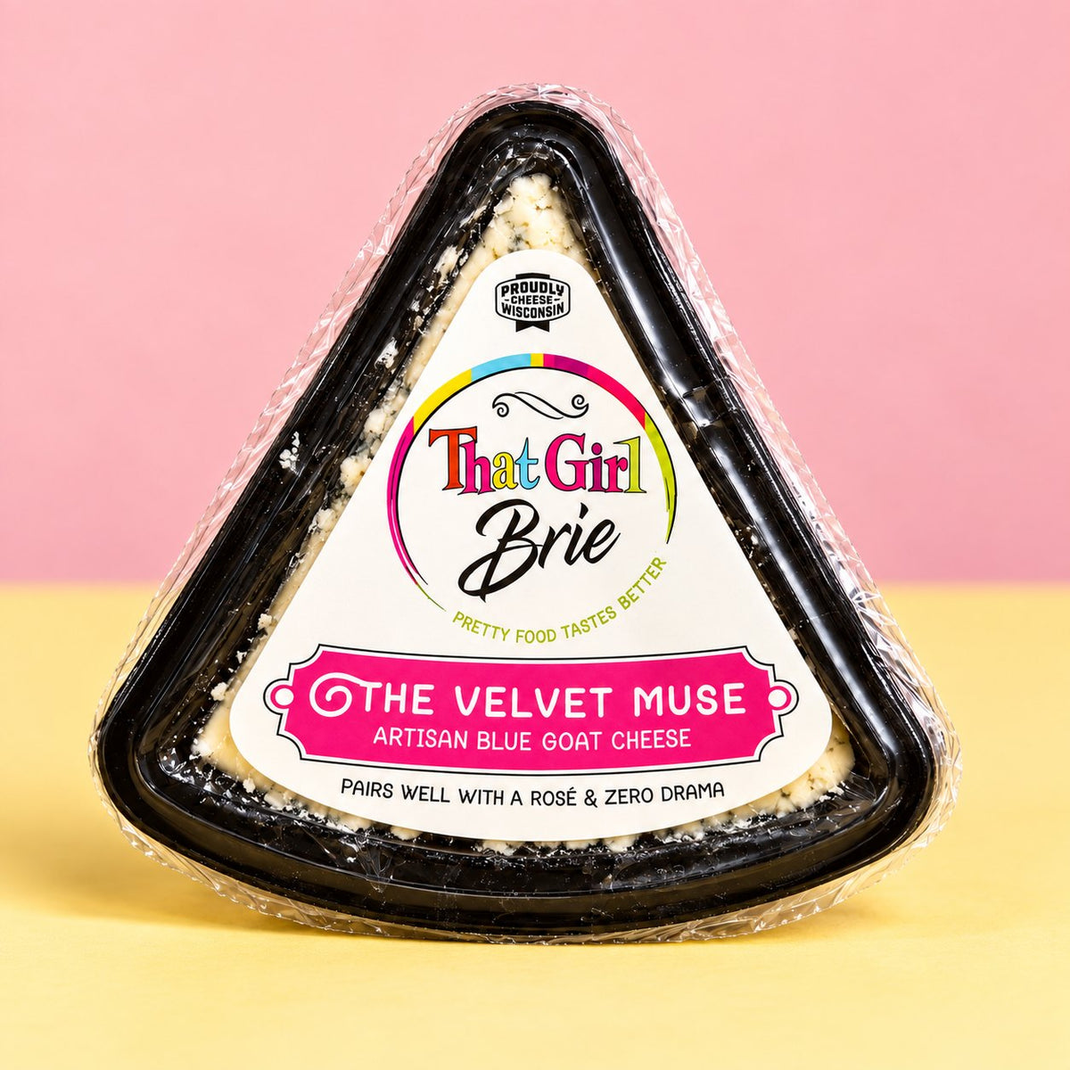 The Velvet Muse blue goat cheese in That Girl Brie packaging