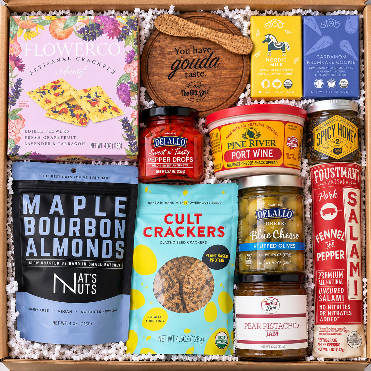 The Whole Shebang meat and cheese gift box with salami, crackers, olives, jam and nuts
