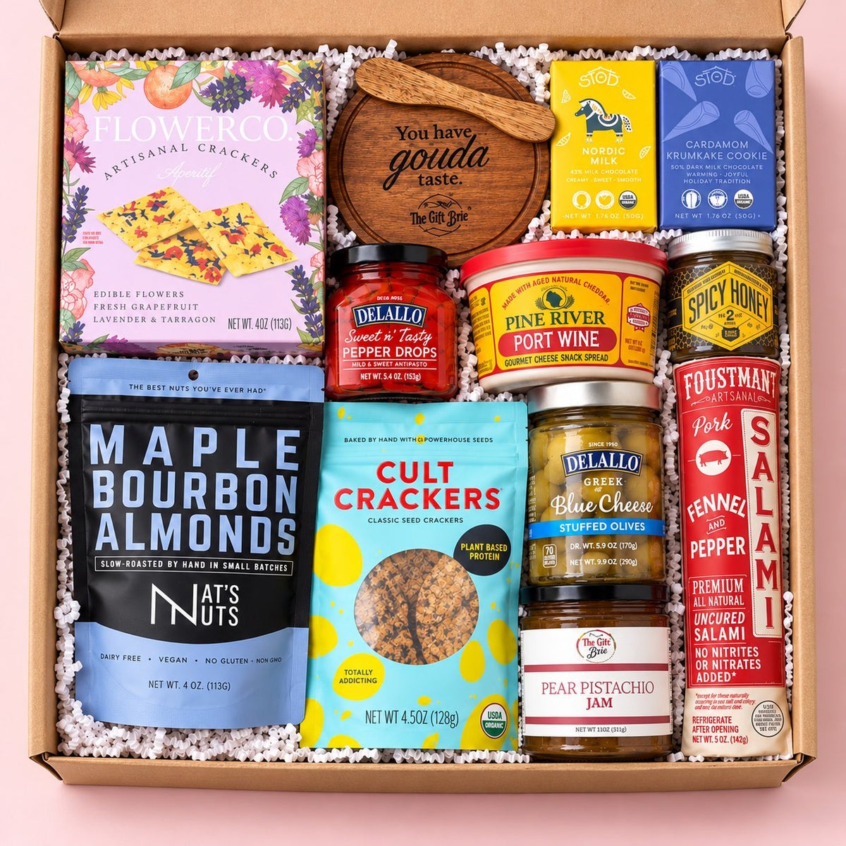 The Whole Shebang meat and cheese gift box with a mini serving board and spreader