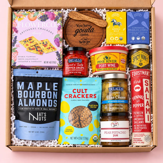 The Whole Shebang meat and cheese gift box with a mini serving board and spreader