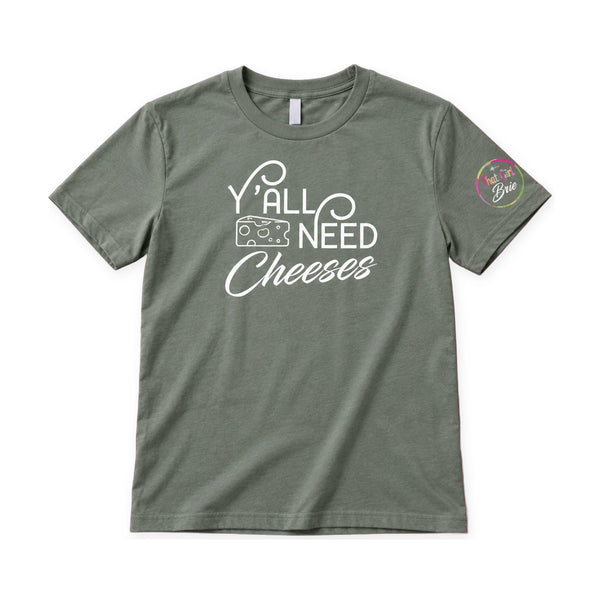Y'all Need Cheeses t-shirt in heather green on a white background